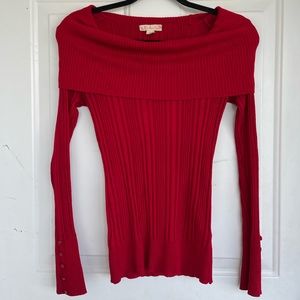 It’s Our Time Red Off-the-Shoulder Ribbed Sweater Top very fitted Waist